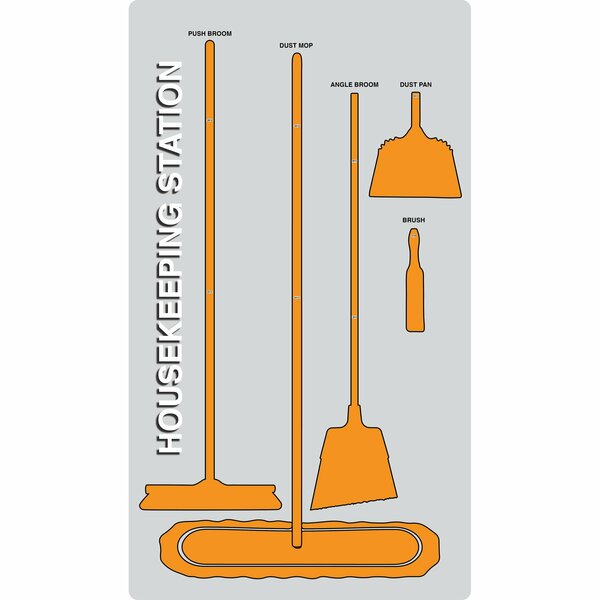 5S Supplies 5S Housekeeping Shadow Board Broom Station Version 11 - Gray Board / Orange Shadows  With Broom HSB-V11-GRAY/ORANGE-KIT